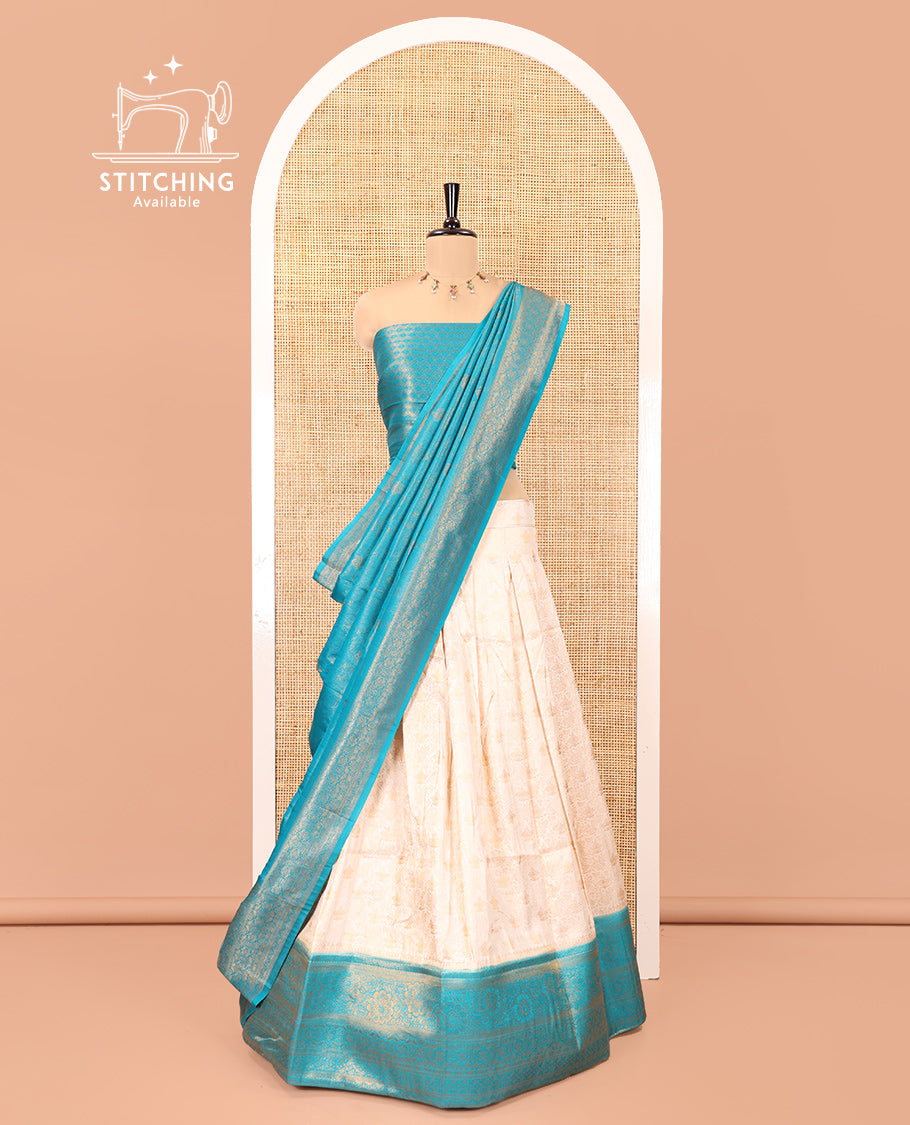 Cream-Anantha Blue Banarasi Softy Half-Saree Features Jacquard, Contrast Traditional Border, Jacquard Blouse, Intricate Dhavani