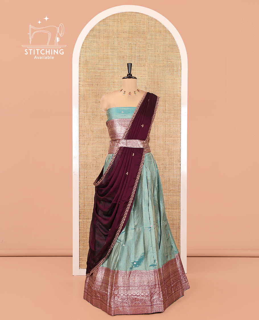 Firozi Green-Magenta Banarasi Silk Half-Saree Featuring Buttas Skirt, Contrast Traditional Border, Matching Blouse, Syska Georgette Embroidery Dhavani