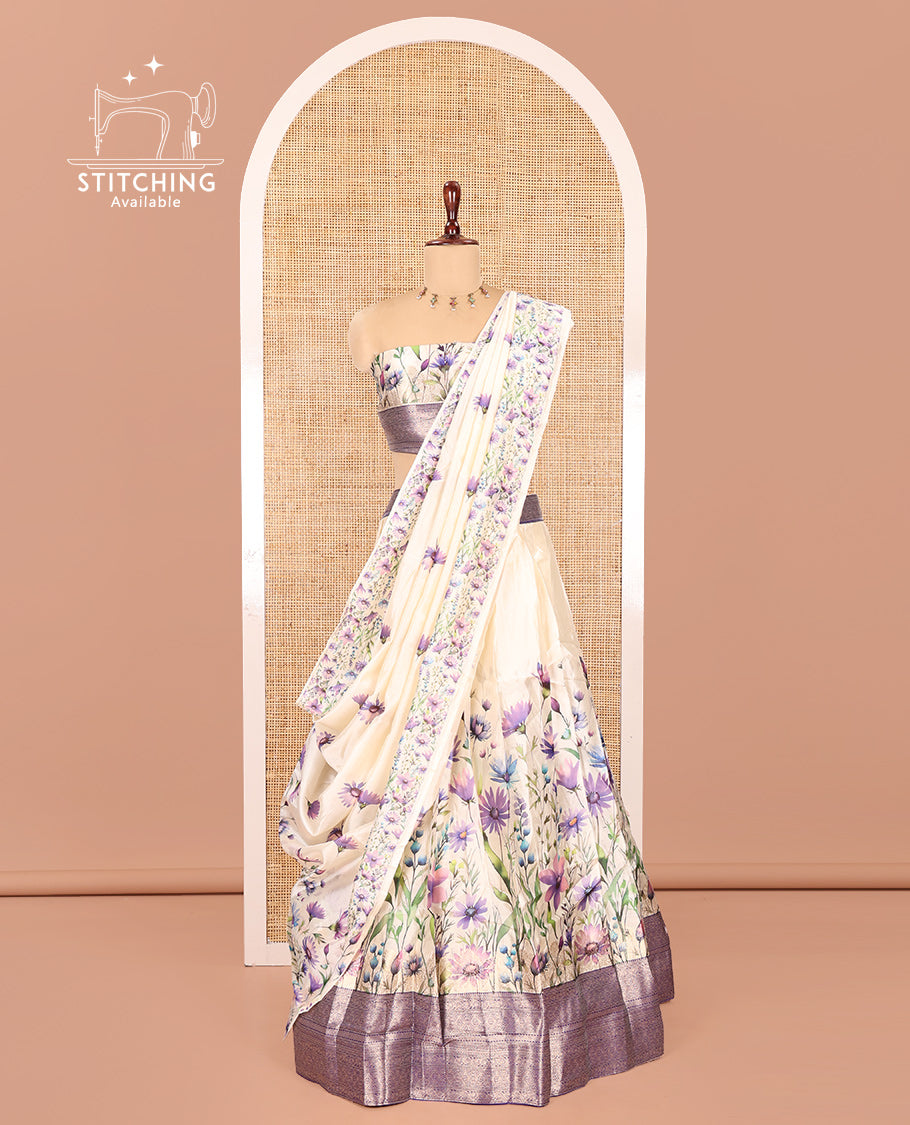 Cream-Violet Semi-Silk Half-Saree Features Floral Printed Skirt, Contrast Border, Matching Blouse, Floral Printed Dhavani