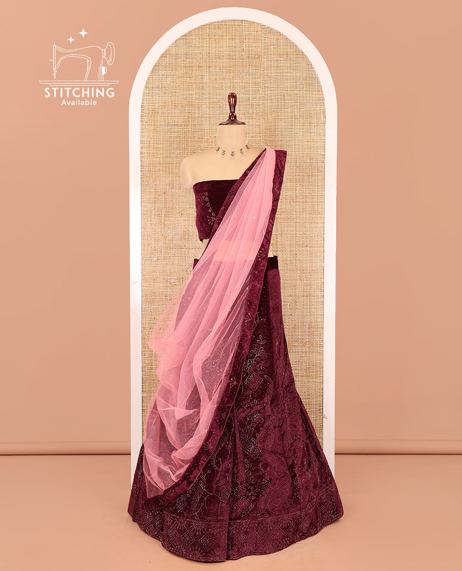 Maroon Velvet Half-Saree Features Swarovski Stonework Skirt, Matching Stonework Blouse, Contrast Net Dhavani