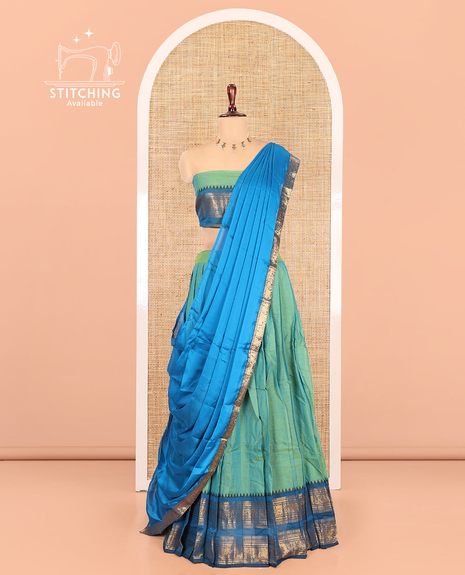 Light Rama Green-Sea Blue Chettinad Cotton Half-Saree, Plain Contrast Traditional Zari-Bordered Skirt, Matching Blouse, and a Contrast Dhavani