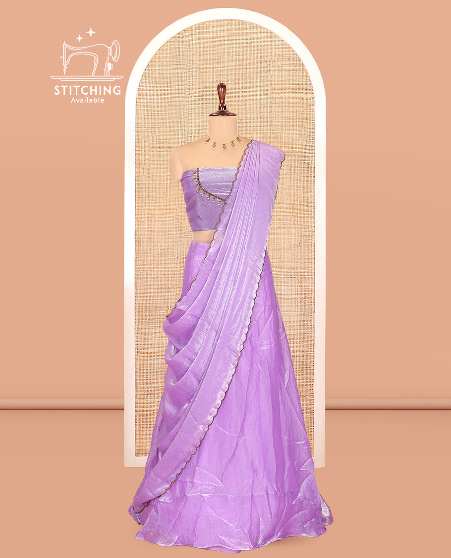 Lavender Fendi Organza Half-Saree, Plain Skirt, Matching Embroidered Blouse, Matching Scallop Dhavani