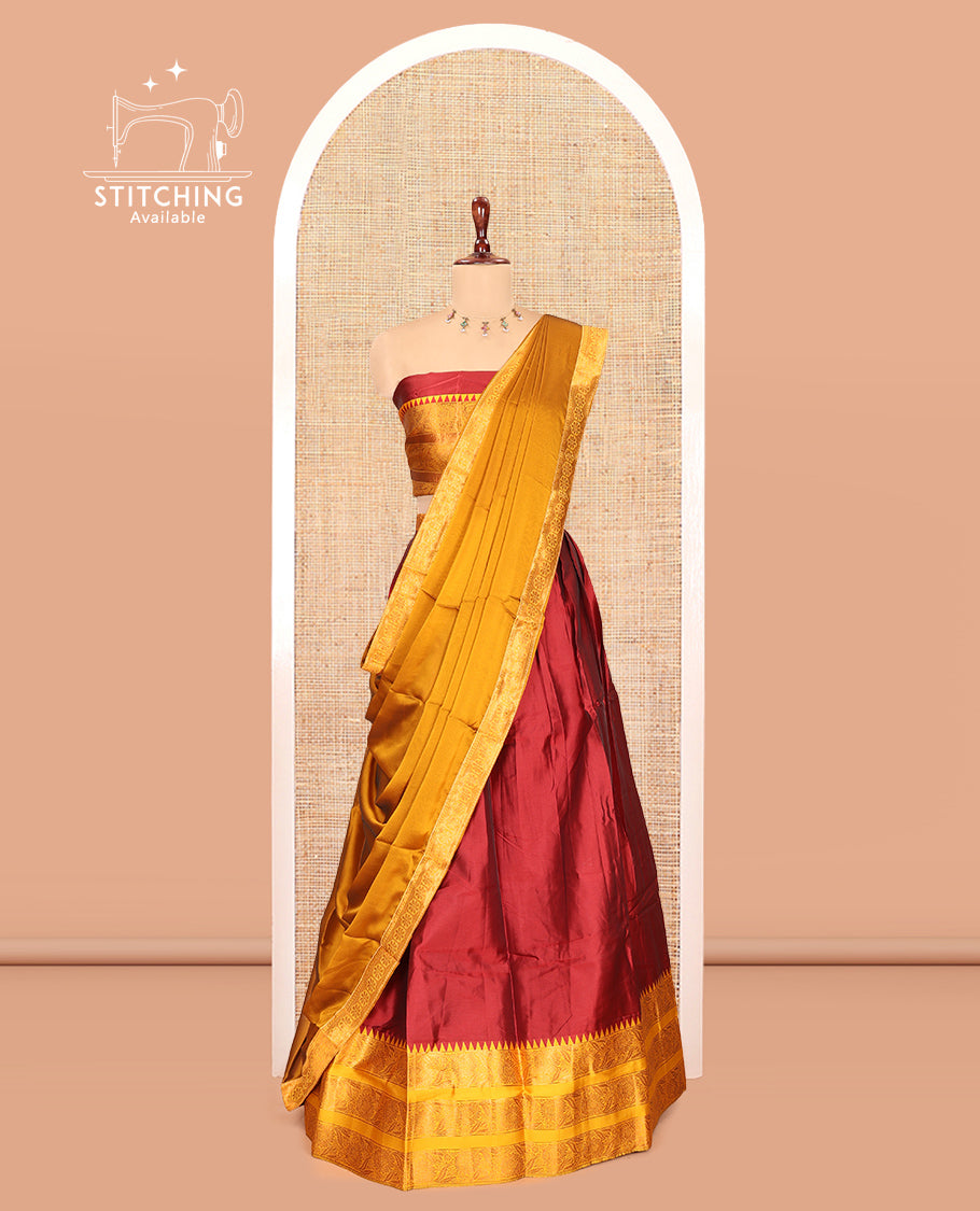 Red-Yellow Semi-Banarasi Half-Saree Features Plain Skirt, Contrast Floral Creeper Zari Border, Matching Blouse, Contrast Dhavani
