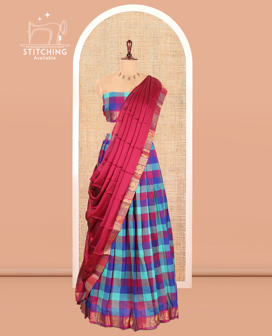 Multi-Color Checked Chettinad Cotton Half-Saree Features a Peacock Border, Matching Blouse, Contrast Dhavani