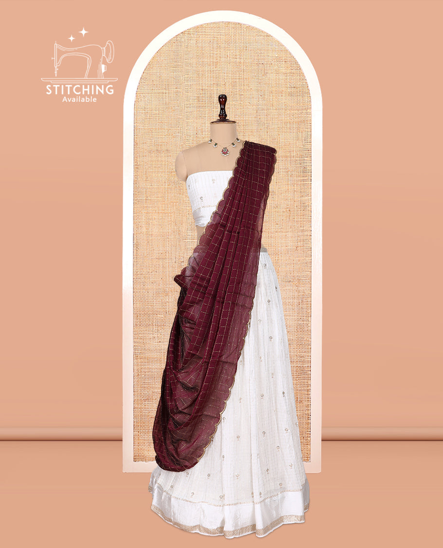 Cream-Wine Viscose Georgette Half-saree, Buttas Skirt, Matching Blouse, Contrast Checked Dhavani