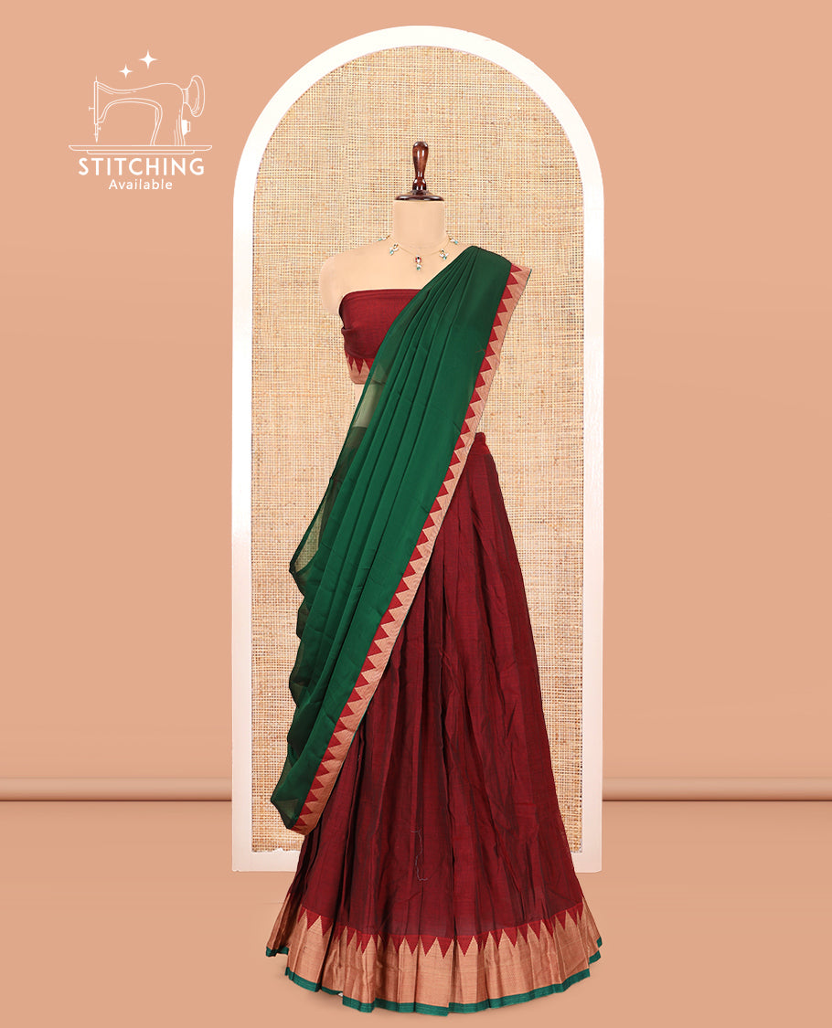 Maroon Mercerised Cotton Half-Saree, Plain Skirt, a Temple Border, a Matching Blouse, Contrast Dhavani