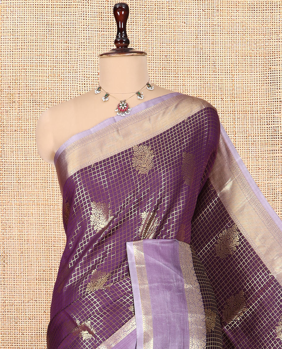 Violet Semi-Kanchi Silk Saree Features Zari Checks and Buttas, a Contrast Traditional Border, Jaal Pallu, Matching Blouse