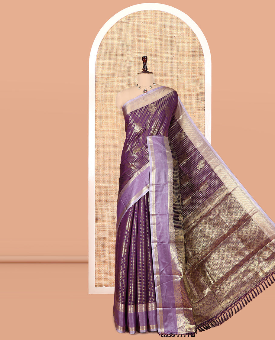 Violet Semi-Kanchi Silk Saree Features Zari Checks and Buttas, a Contrast Traditional Border, Jaal Pallu, Matching Blouse