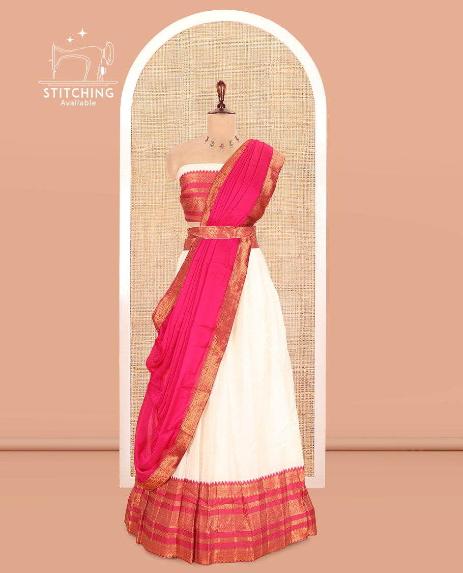 Cream-Rani Pink Semi-Silk Half-Saree