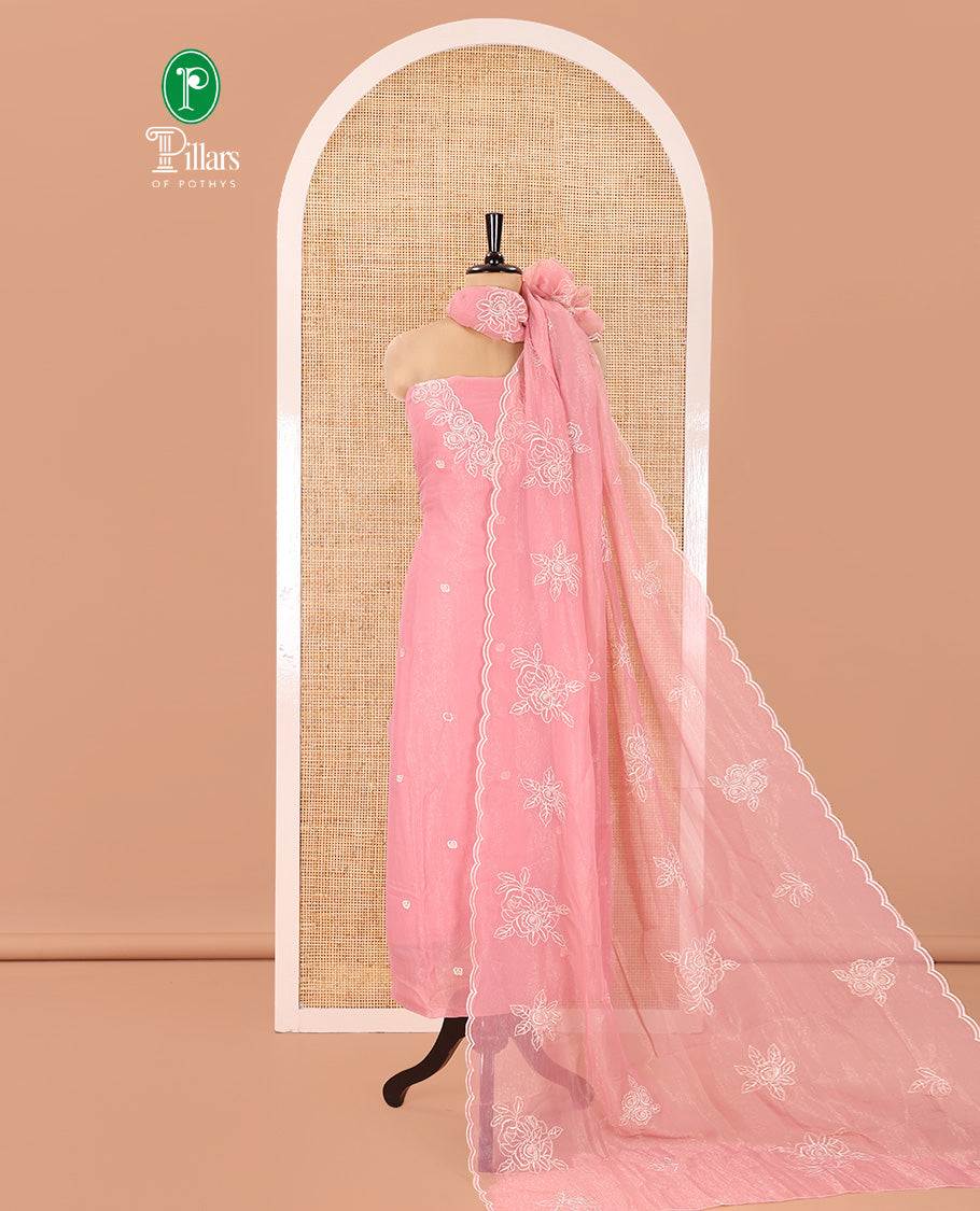 Pink Shimmer Georgette Material Chudidar Set, Artfully Detailed with Floral Thread Embroidery on Its Top, a Plain Santoon Bottom, and Comes with a Floral Embroidered Shimmer Georgette Dupatta