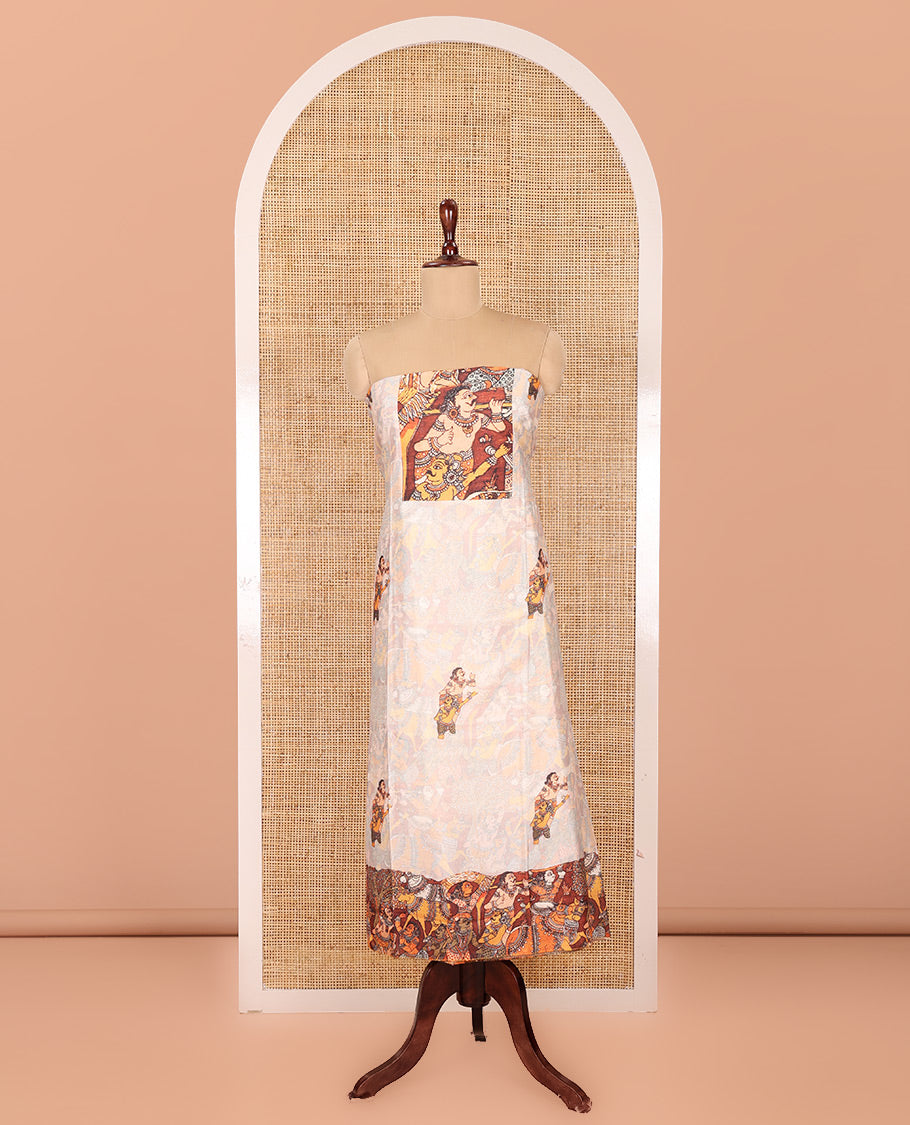 Cream Semi-Silk Material Chudidar, Ancient Human Motifs Printed Top, Santoon Bottom, and Printed Dupatta