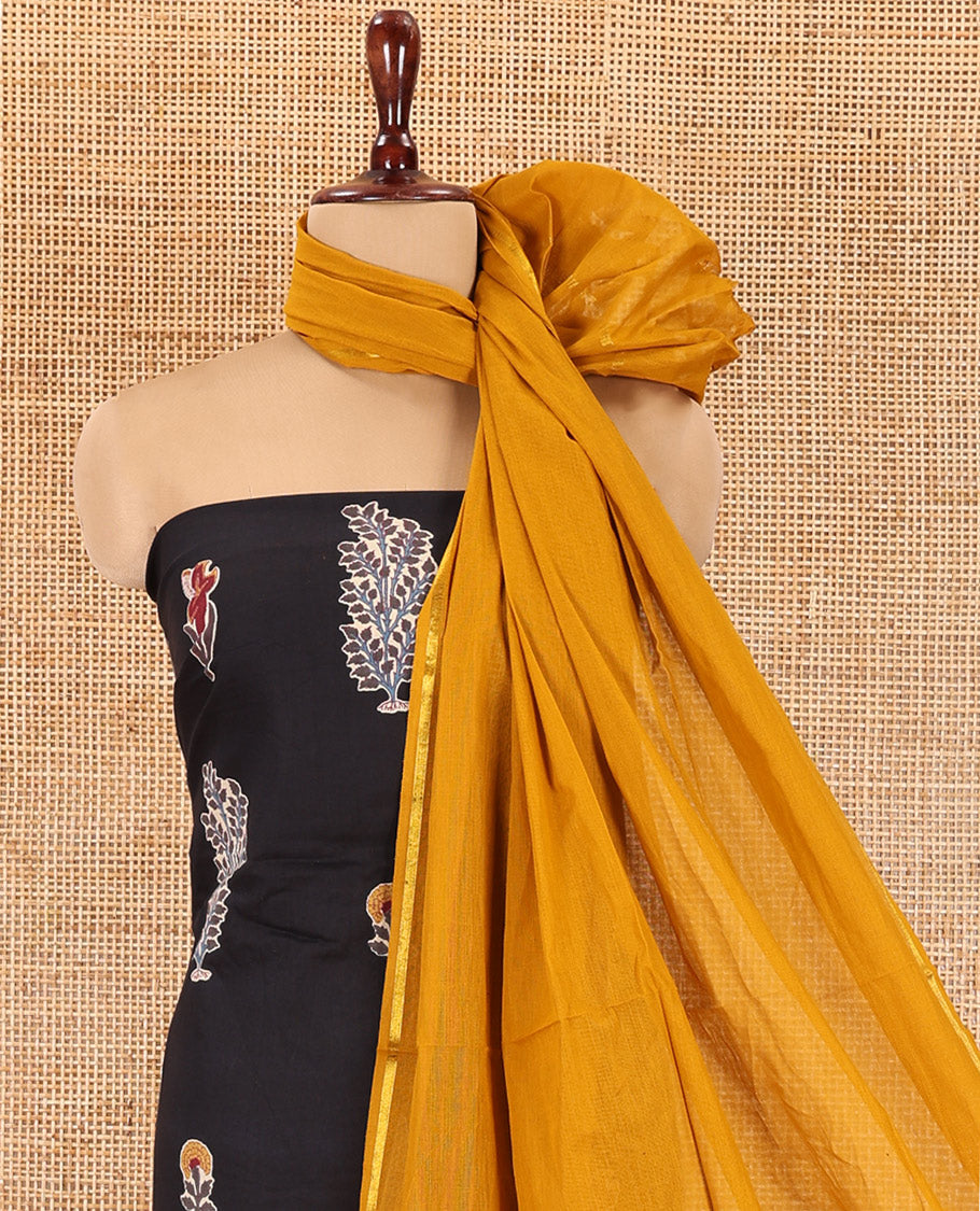 Black Jaipur Cotton Material Chudidar Set, Unique Floral Block-Printed Top, Contrast Bottom, and Plain Dupatta