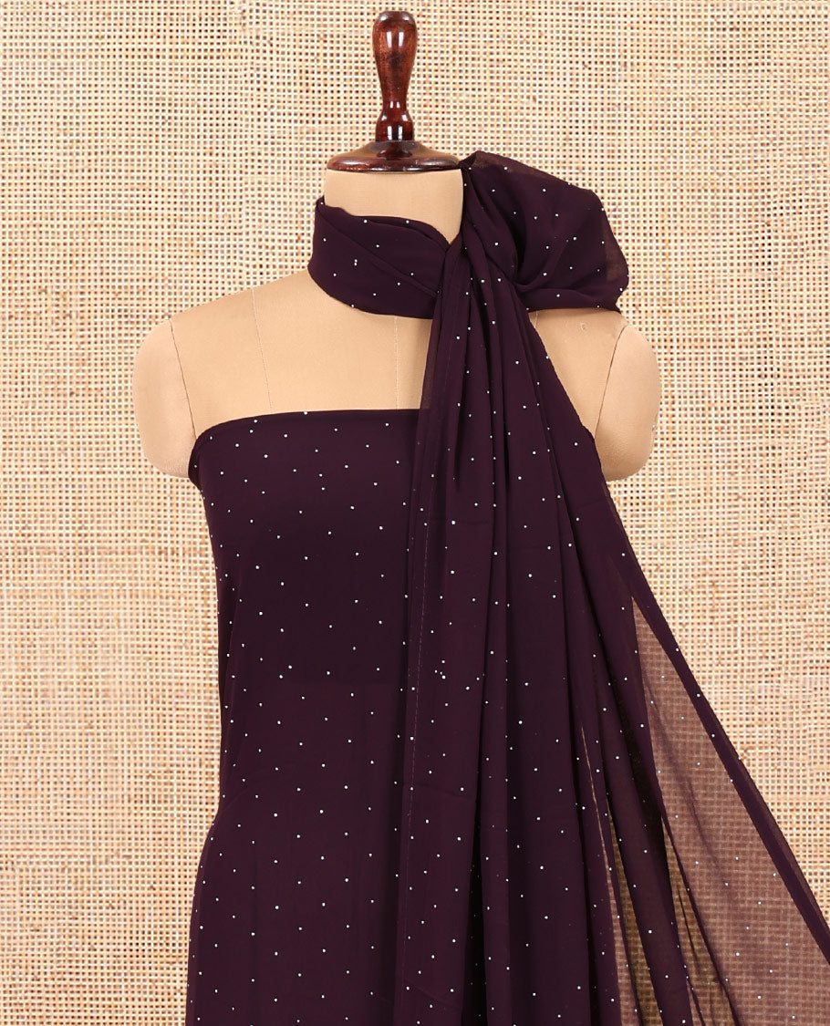 Wine Material Chudidar Set, Detailed with Swarovski Stonework and Floral Fox Georgette Top, a Plain Bottom, and Stonework Dupatta