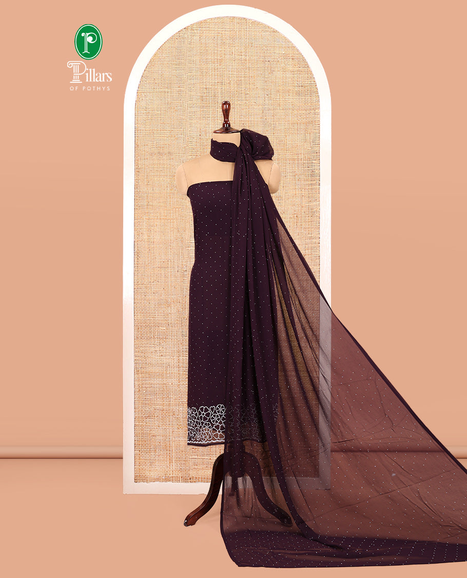 Wine Material Chudidar Set, Detailed with Swarovski Stonework and Floral Fox Georgette Top, a Plain Bottom, and Stonework Dupatta