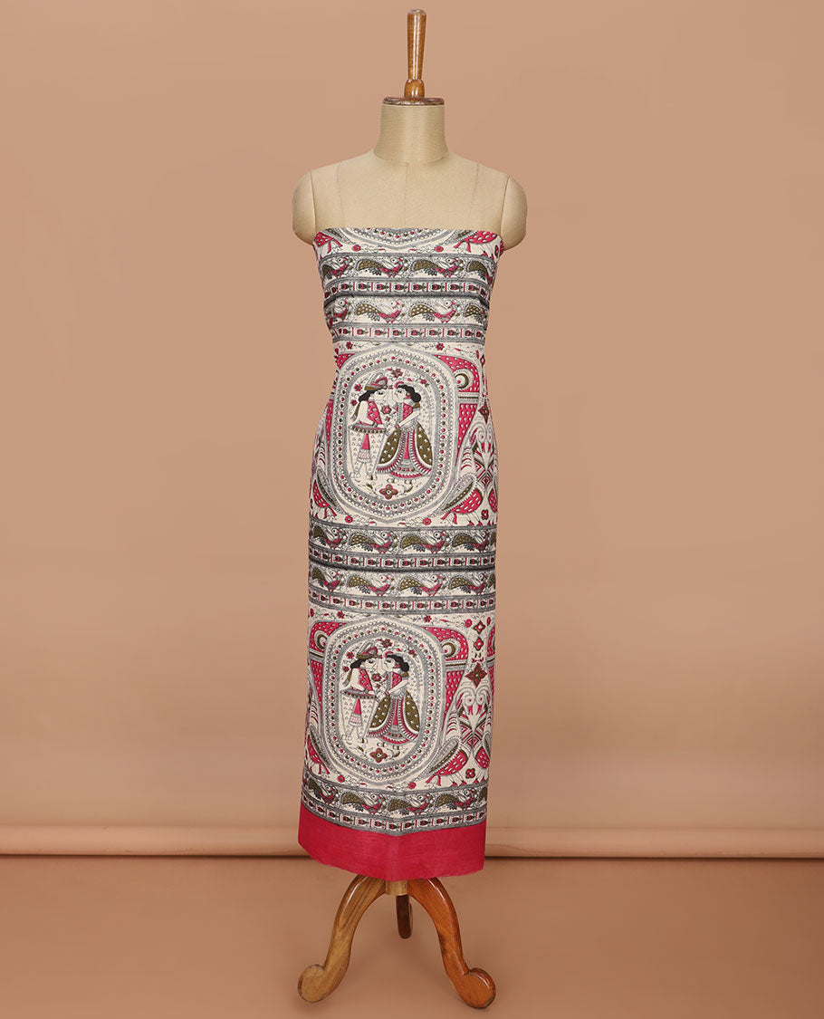 Rani pink madhubani print design bhagalapur cotton chudidhar material top with cotton material daman madhubani ptint pants & madhubani printed dupatta