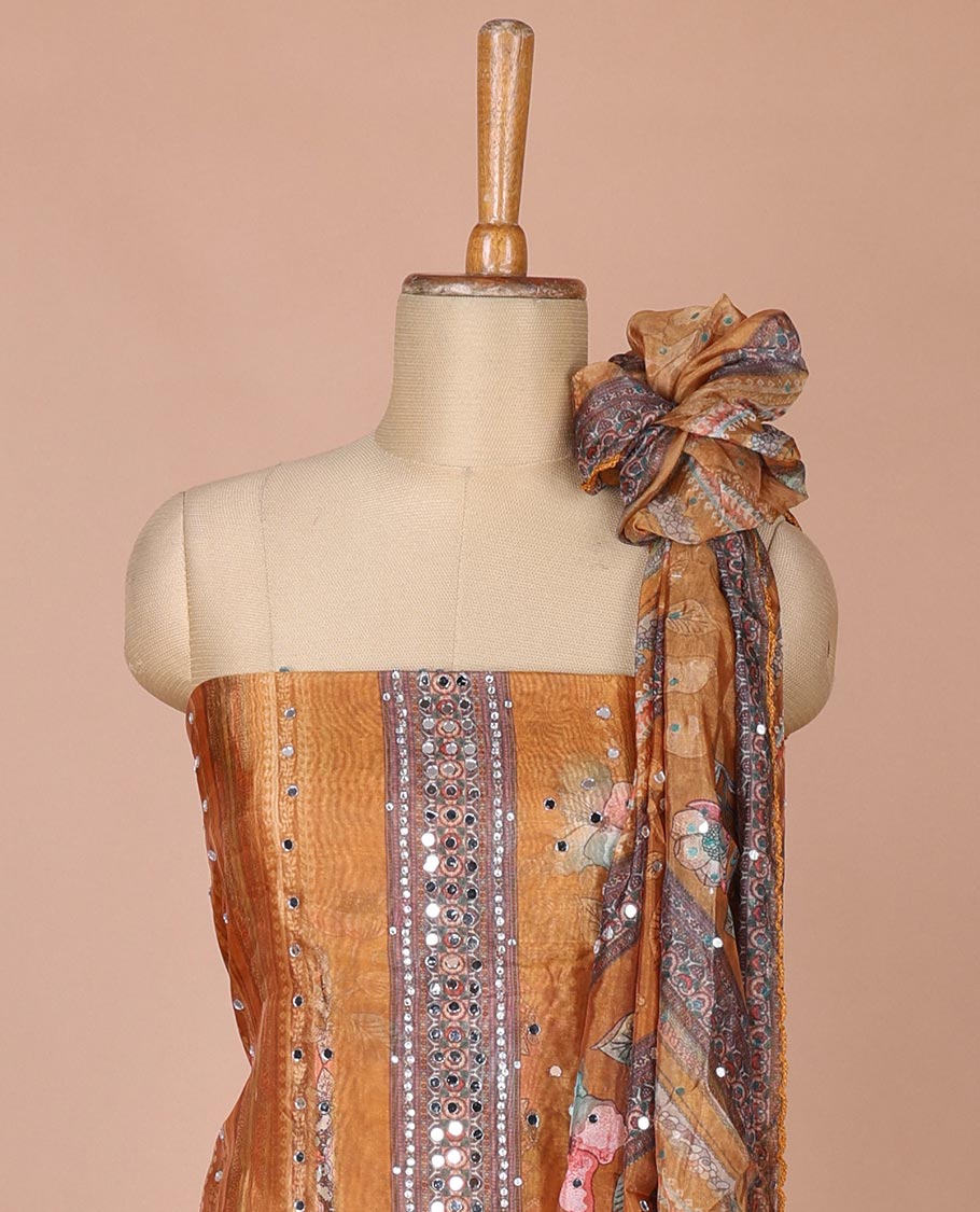 Mustard floral print,mirror work organza chudidhar material top with santoon material pant & floral print, mirror work dupatta