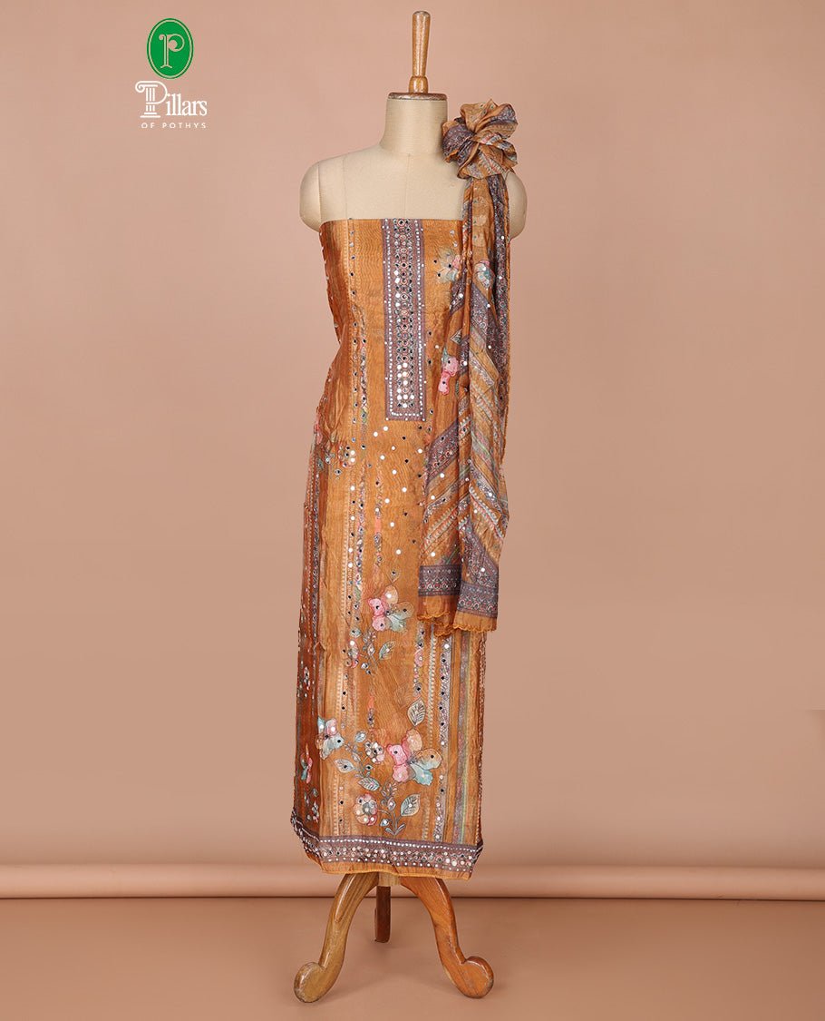 Mustard floral print,mirror work organza chudidhar material top with santoon material pant & floral print, mirror work dupatta
