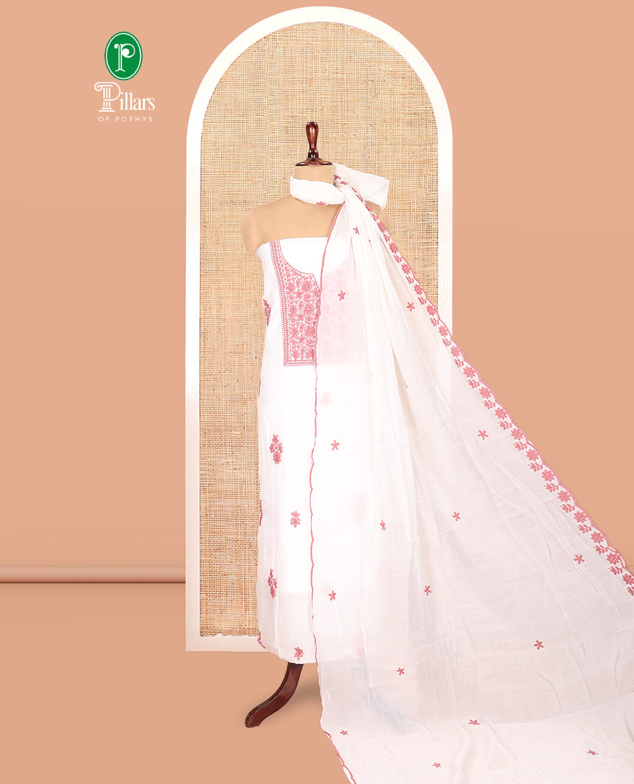 White-Onion Pink Mul Chanderi Material Churidar Features a Floral-Themed Thread-Embroidered Top, a Plain Santoon Bottom, and Thread Embroidered Dupatta
