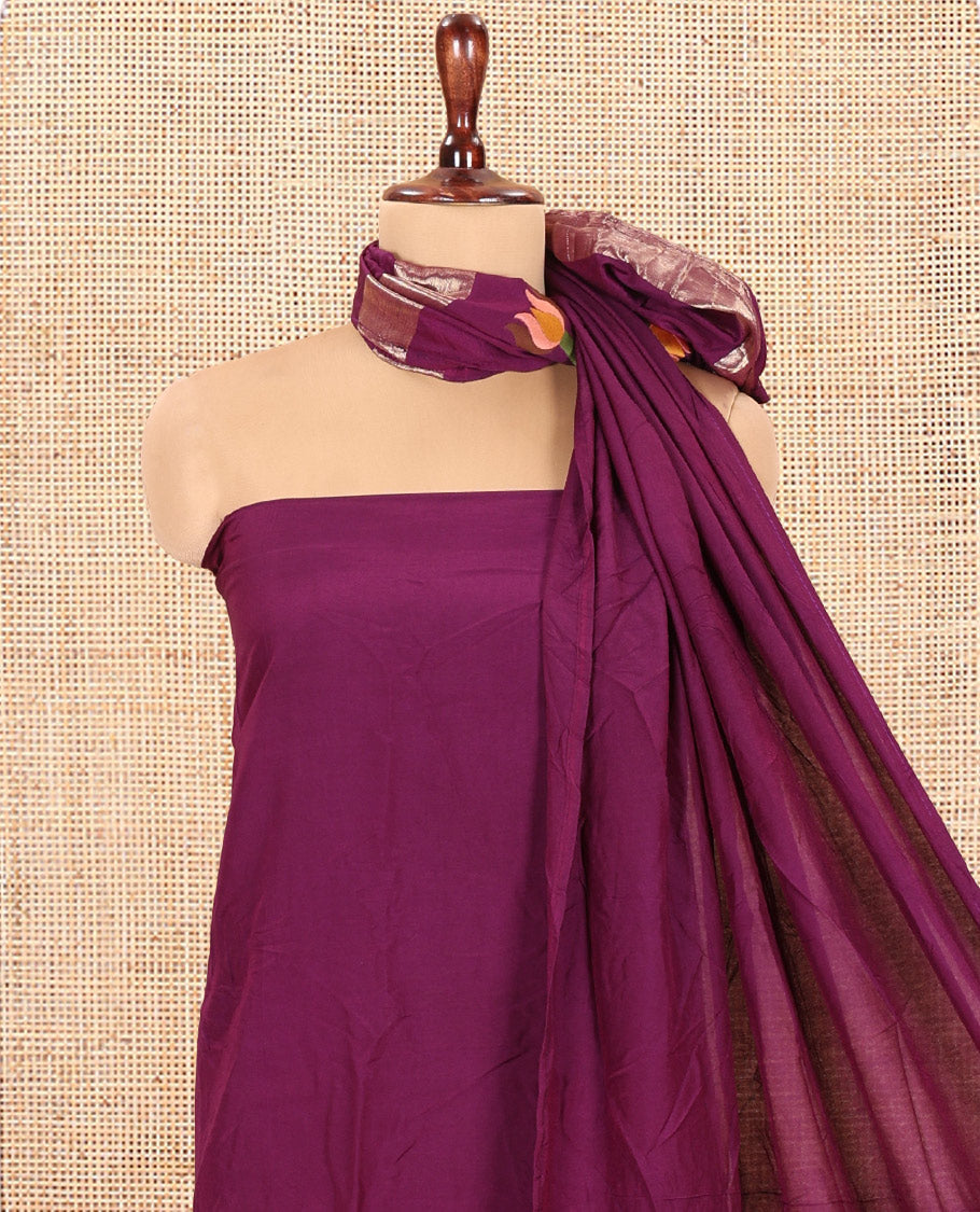 Dark Purple Mul Chanderi Material Chudidar Features Jamdani-Floral Top, Plain Bottom, Jamdani-Floral Dupatta