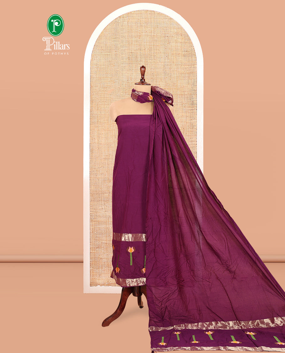 Dark Purple Mul Chanderi Material Chudidar Features Jamdani-Floral Top, Plain Bottom, Jamdani-Floral Dupatta