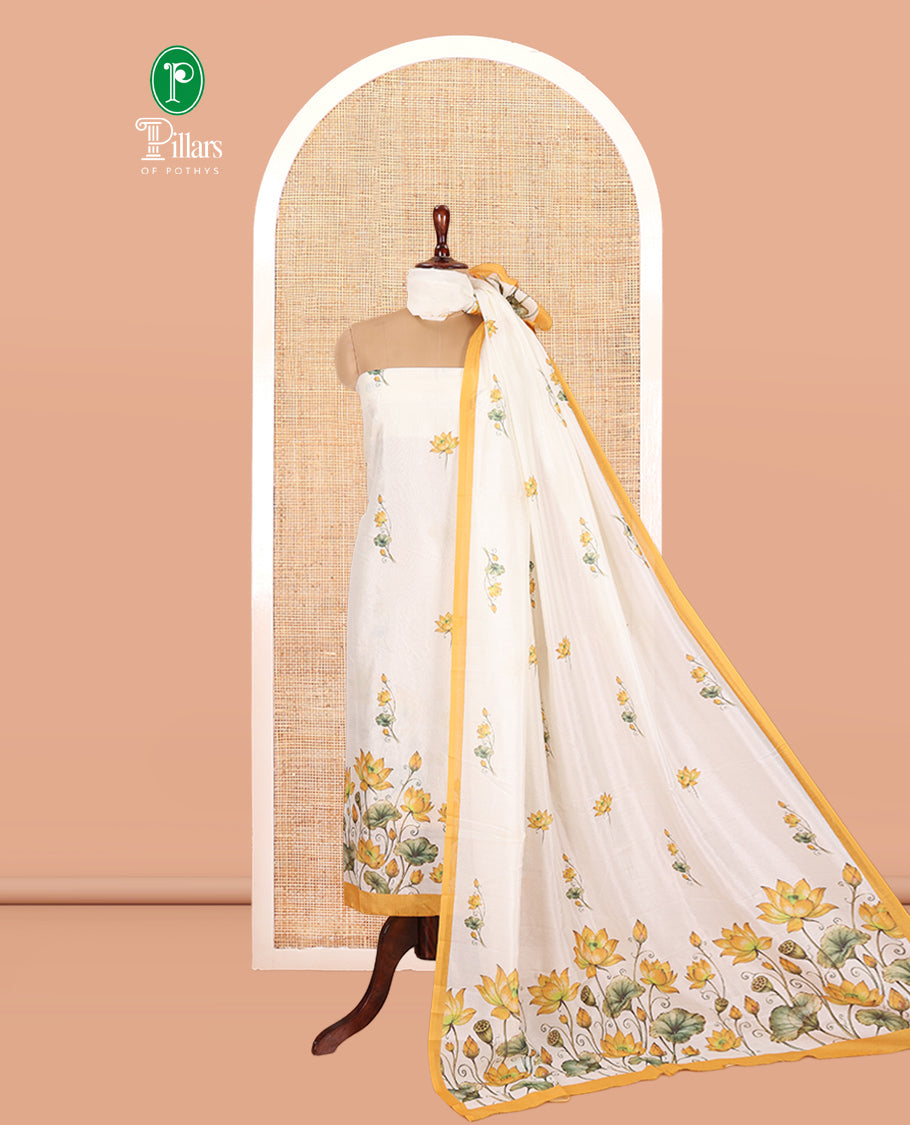 Cream-Yellow Semi-Silk Material Chudidar, Lotus Printed Top, Matching Bottom, Lotus Printed Dupatta