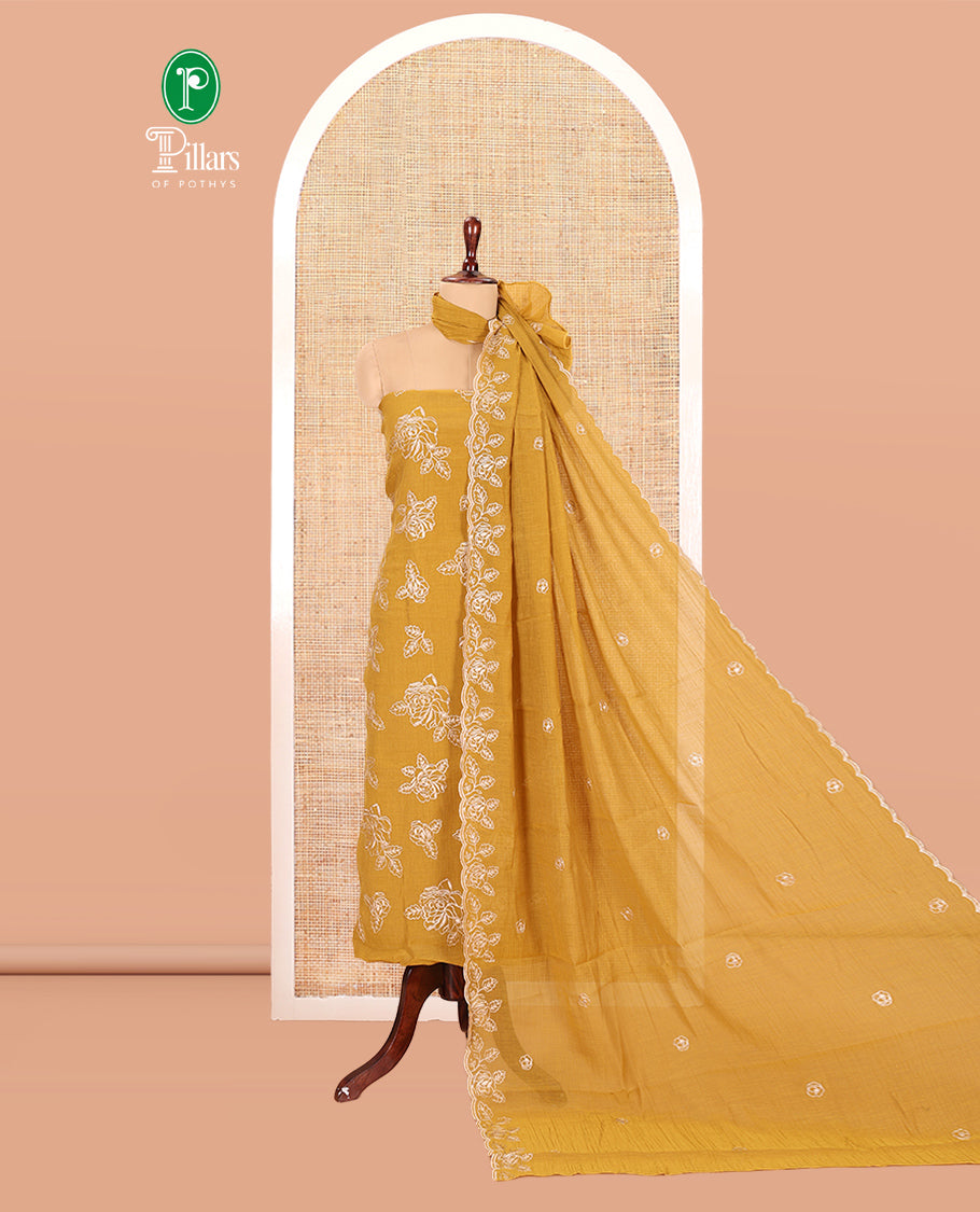 Mustard Mul Crush Chanderi Material Chudiddar, Floral Embroidered Top, Plain Bottom, Embroidered Dupatta