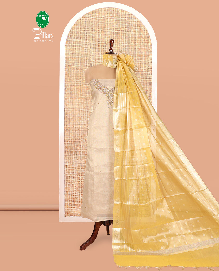 Chikku-Yellow Shimmer Tissue Material Churidar, Elevated with Bead Neck Embroidered Top, a Contrast Bottom, and a Sparsely Woven Dupatta