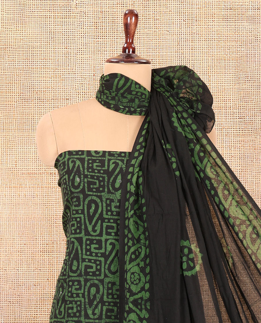 Black-Green Cotton Material Churidar Set, Paisley Batik Printed Top, a Matching Bottom, a Batik Printed Dupatta