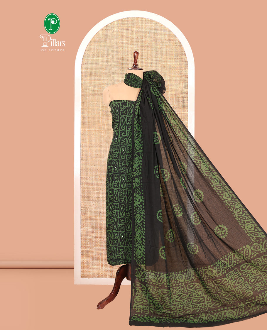 Black-Green Cotton Material Churidar Set, Paisley Batik Printed Top, a Matching Bottom, a Batik Printed Dupatta