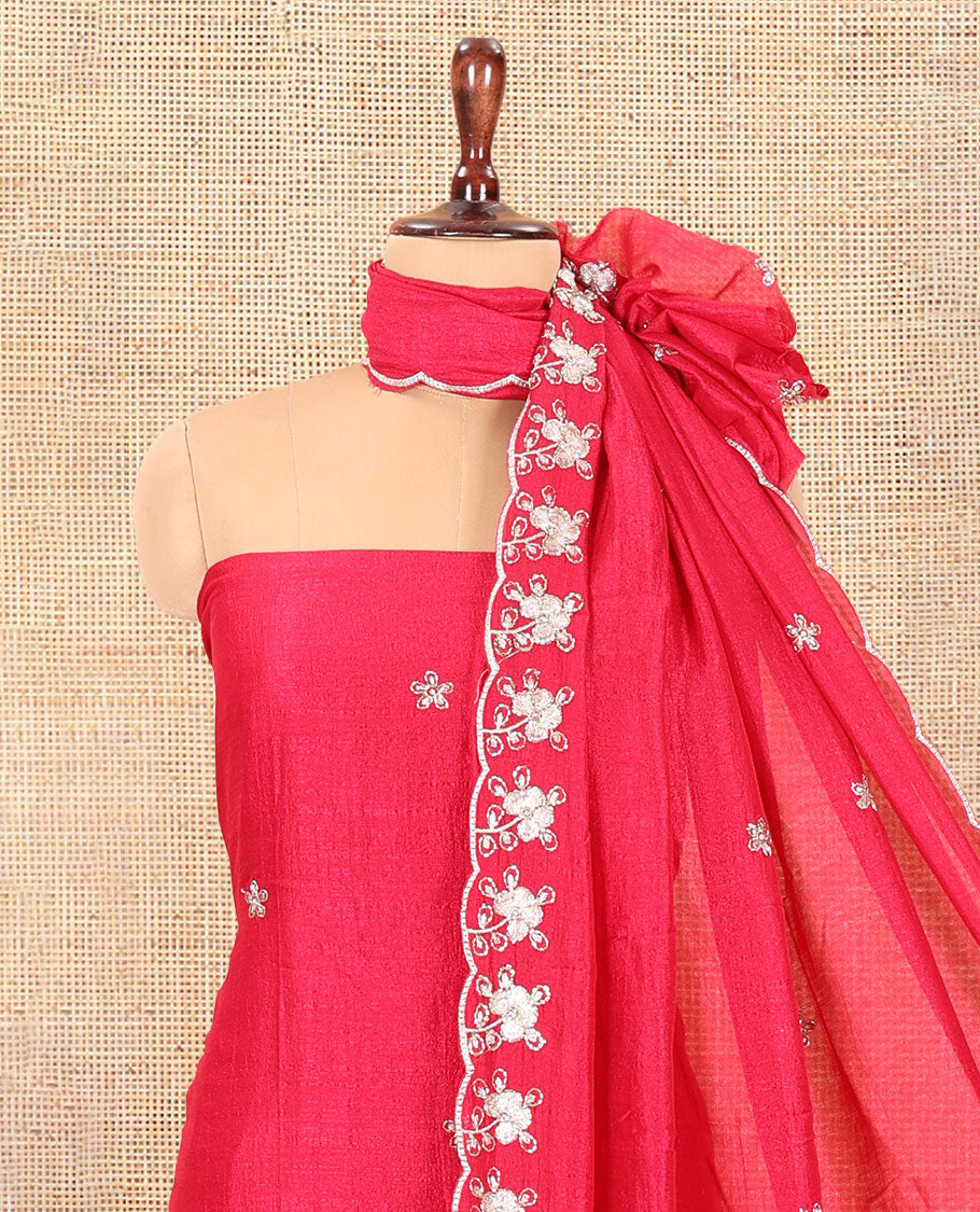 Magenta Semi-Silk Material Churidar Features a Floral Embroidered Top, a Matching Bottom, Embroidered Dupatta