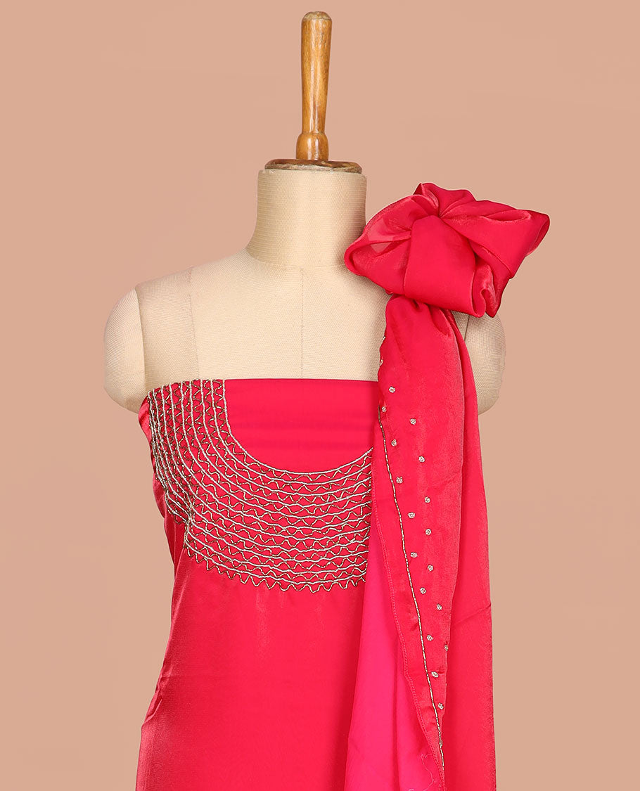 Chilli red antique jewellery design velevet organza chudidhar material top with american crepe material pant & one side hand work dupatta