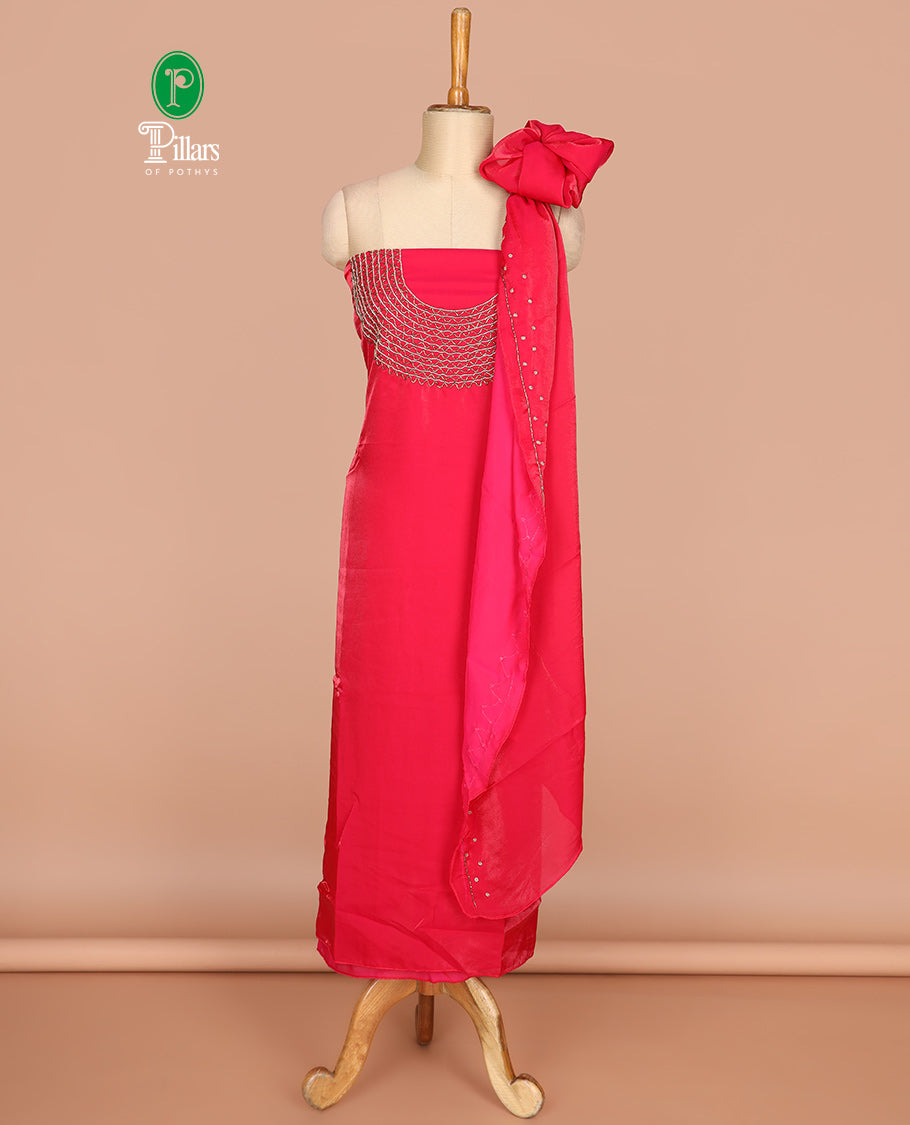 Chilli red antique jewellery design velevet organza chudidhar material top with american crepe material pant & one side hand work dupatta