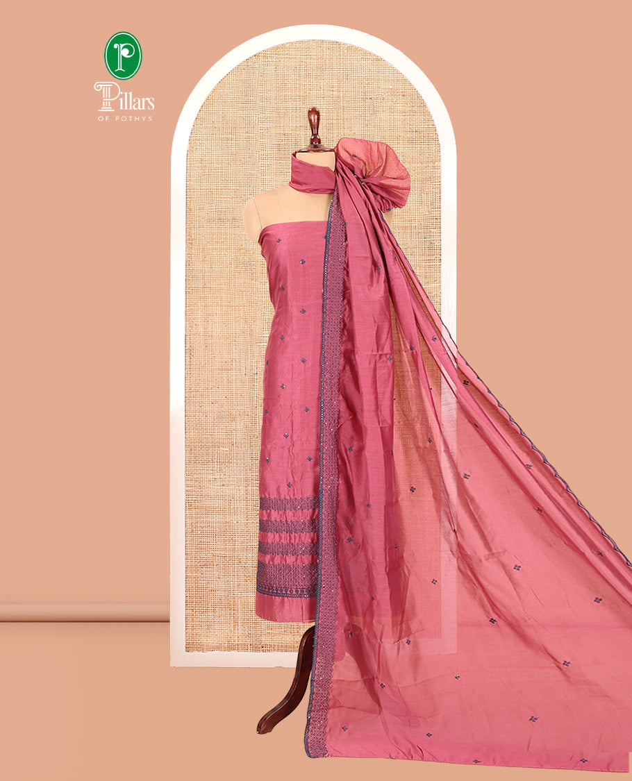 Gajri Pink Semi-Silk Material Churidar Thread-Sequins Embroidered Top, a Plain Bottom, a Embroidered Dupatta