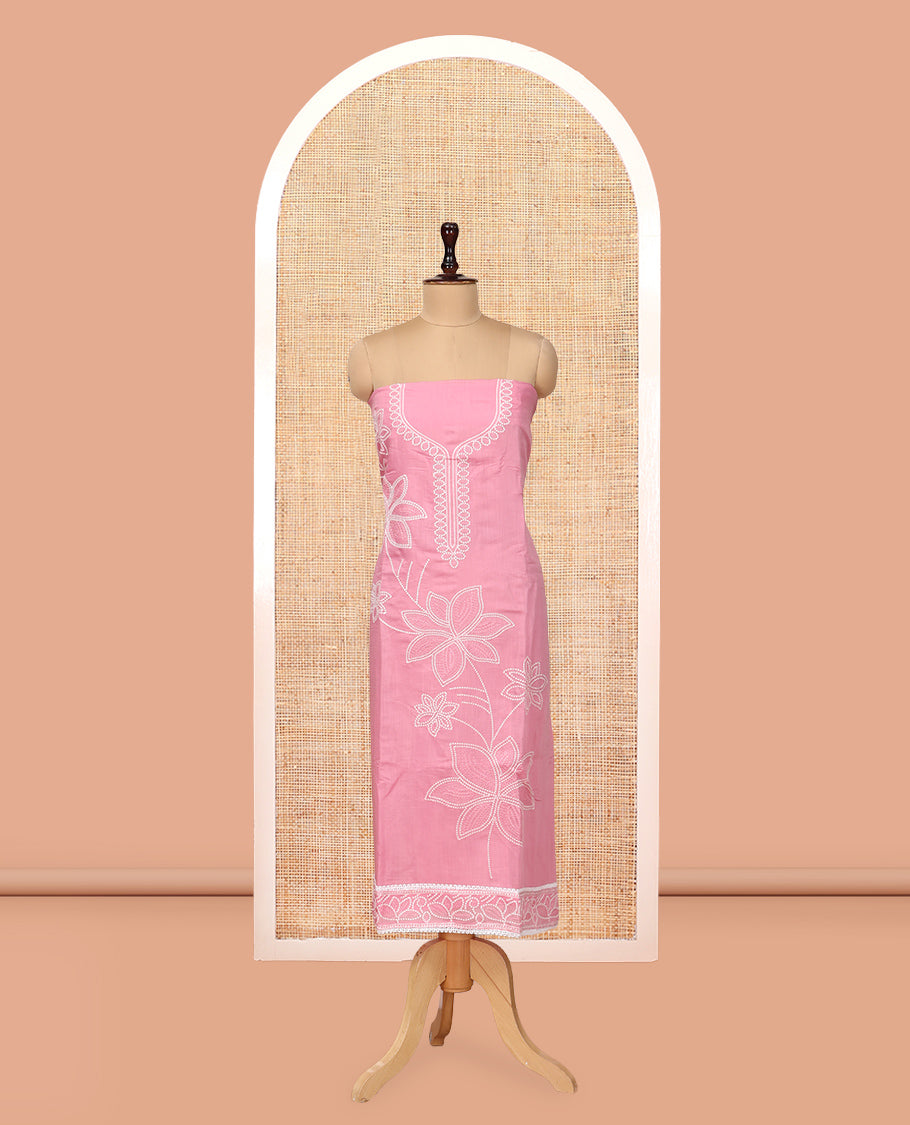 Pink Mul Chanderi Material Churidar, Floral Embroidery Top, a Plain Santoon Bottom, a Embroidered Dupatta