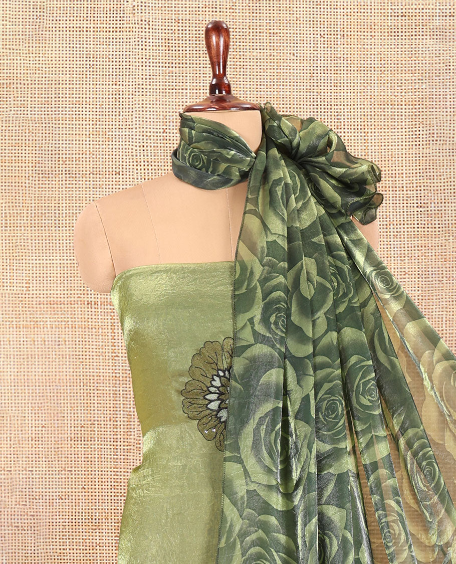 Pista Green Velvet Organza Designer Material Chudidar, Floral Embroidery Top, Plain Bottom, Rose Printed Dupatta