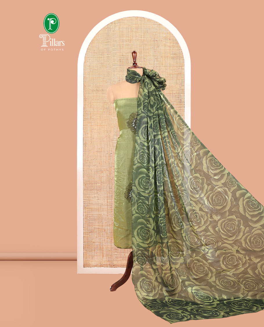 Pista Green Velvet Organza Designer Material Chudidar, Floral Embroidery Top, Plain Bottom, Rose Printed Dupatta