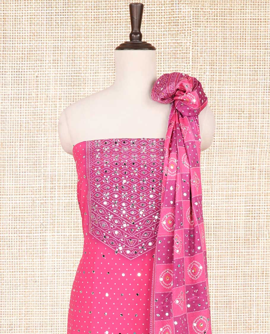 Pink with mangenta bandhani print stone, mirrror work crepe chudidhar material top with american crepe pant & bhandani print, mirror work dupptata