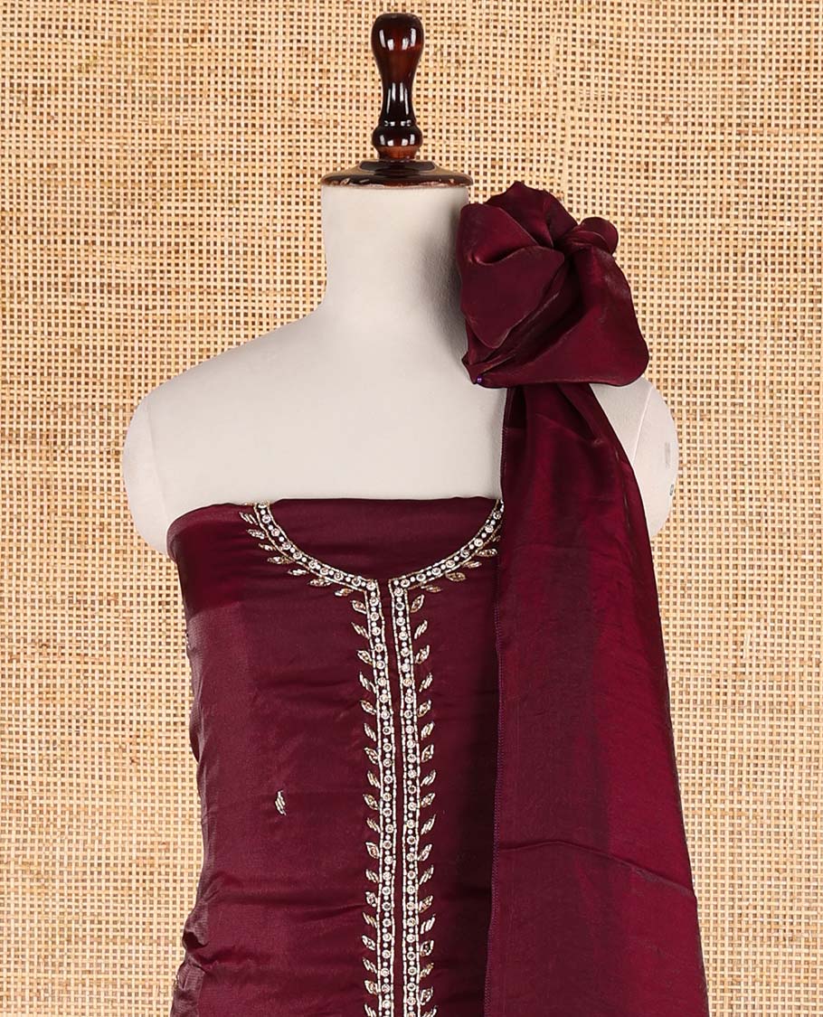 Wine color sherwani pattern , hand work velvet organza chudidhar material top with american crepe pant & one side bead work dupatta