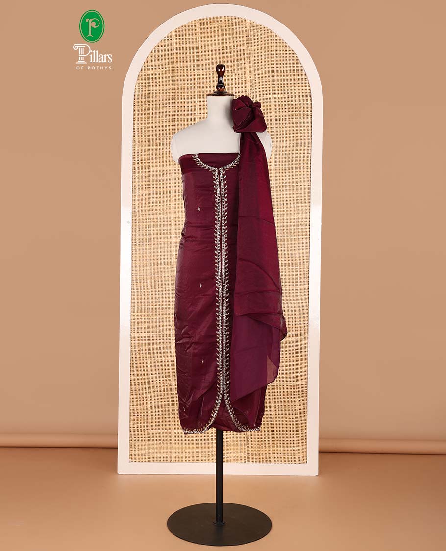 Wine color sherwani pattern , hand work velvet organza chudidhar material top with american crepe pant & one side bead work dupatta