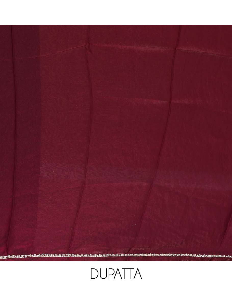 Wine color sherwani pattern , hand work velvet organza chudidhar material top with american crepe pant & one side bead work dupatta