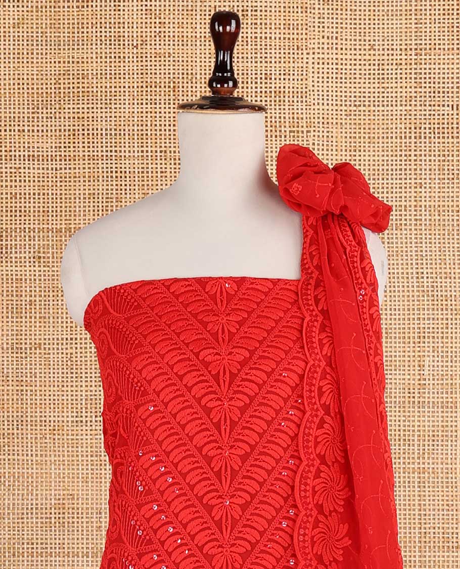 Dark red shifli sequins embroidery georgette chudidhar material top with american crepe pant & sequins embroidery, scallop cut dupatta