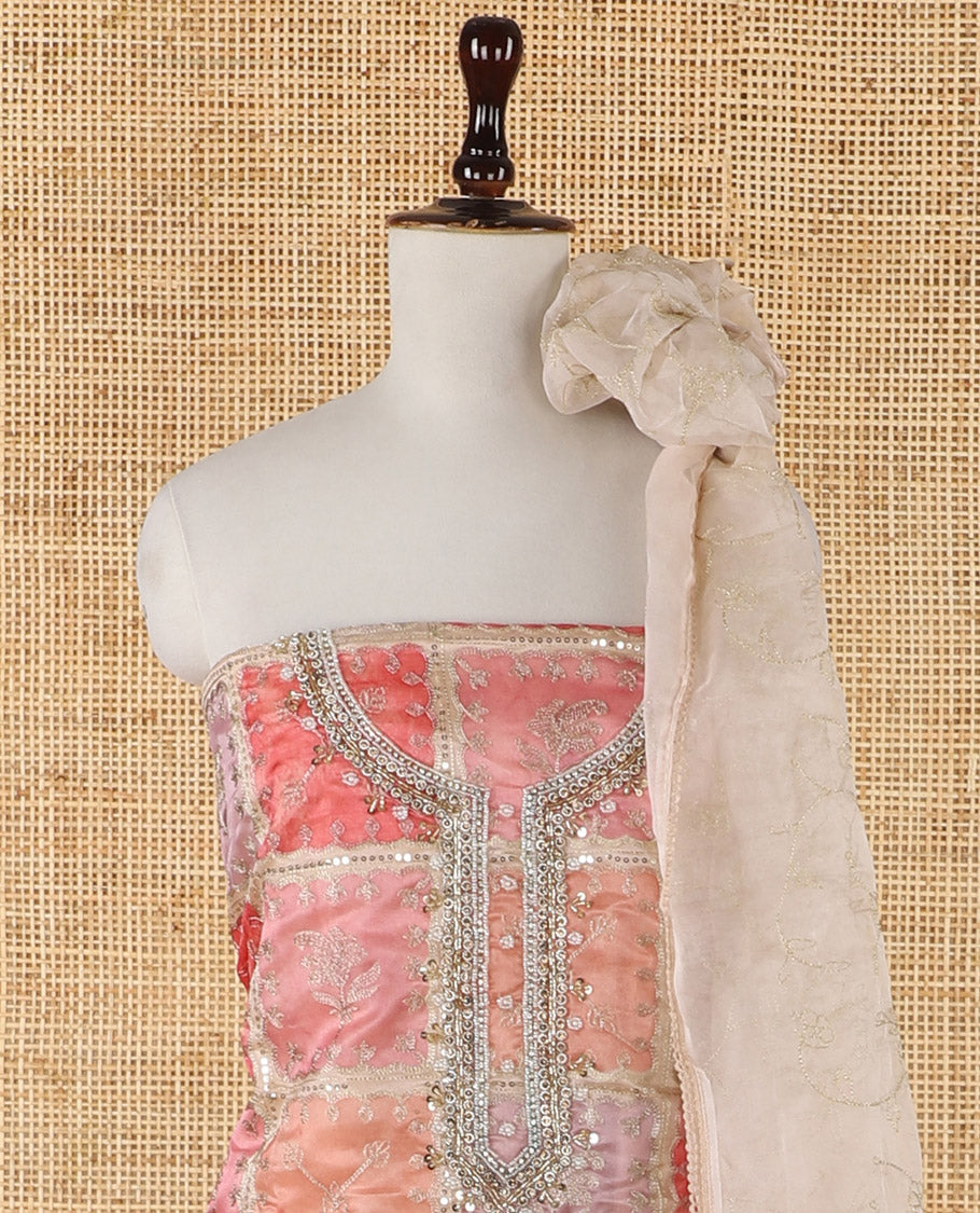 Pink-ombre organza chudidar material set, position print & intricately bead embroidered top, floral vine zari embroidery dupatta & plain santoon bottom