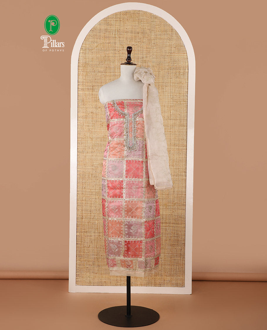 Pink-ombre organza chudidar material set, position print & intricately bead embroidered top, floral vine zari embroidery dupatta & plain santoon bottom