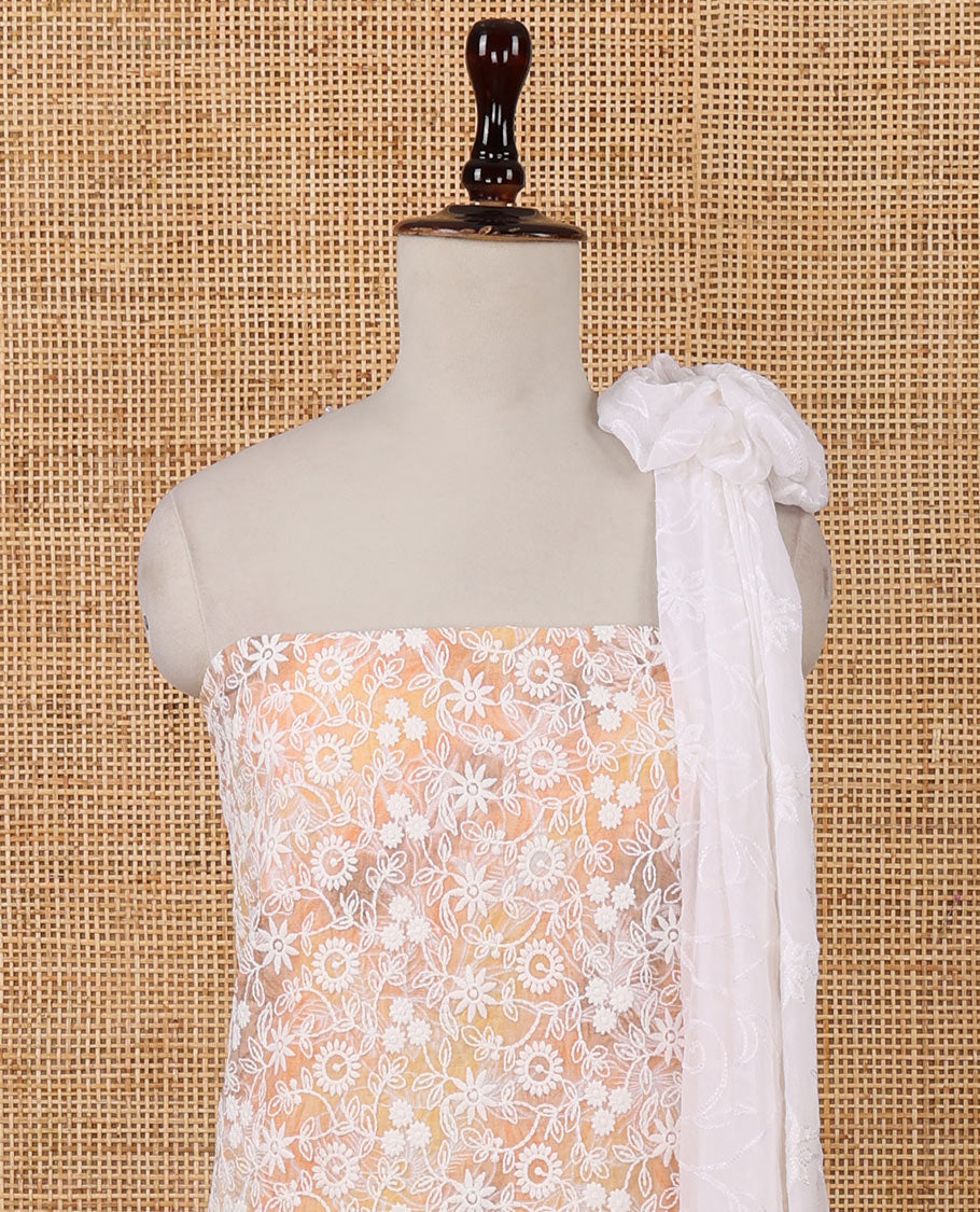 Orange chudidar material set, shibori-print & floral vine chikankari embroidered top,printed cotton bottom & floral chikankari embroidery chiffon dupatta