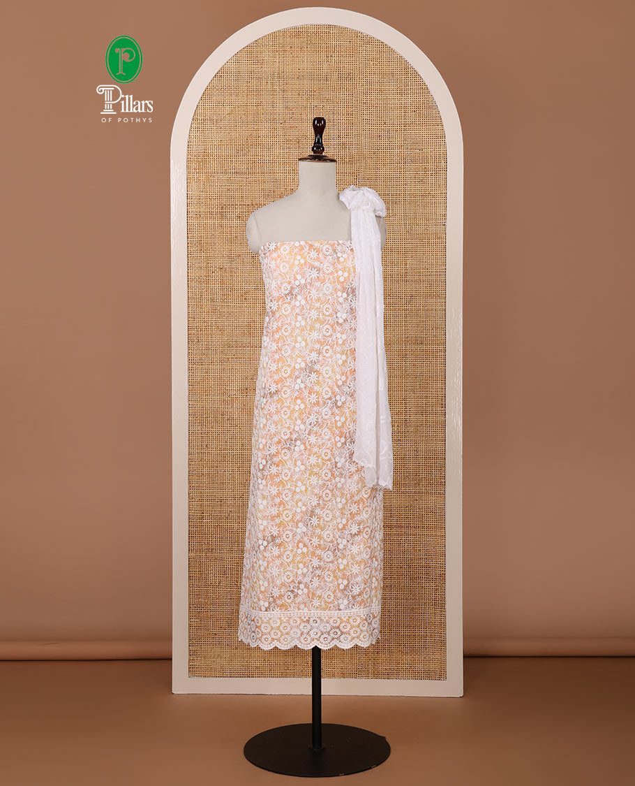 Orange chudidar material set, shibori-print & floral vine chikankari embroidered top,printed cotton bottom & floral chikankari embroidery chiffon dupatta