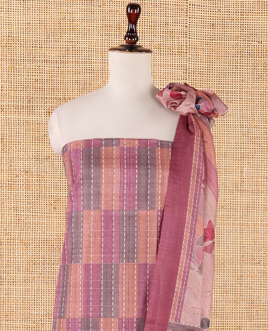 Onion pink semi-tussar material chudidar set,geometric & kantha print top,heathered plain bottom & dupatta of geometric & floral print