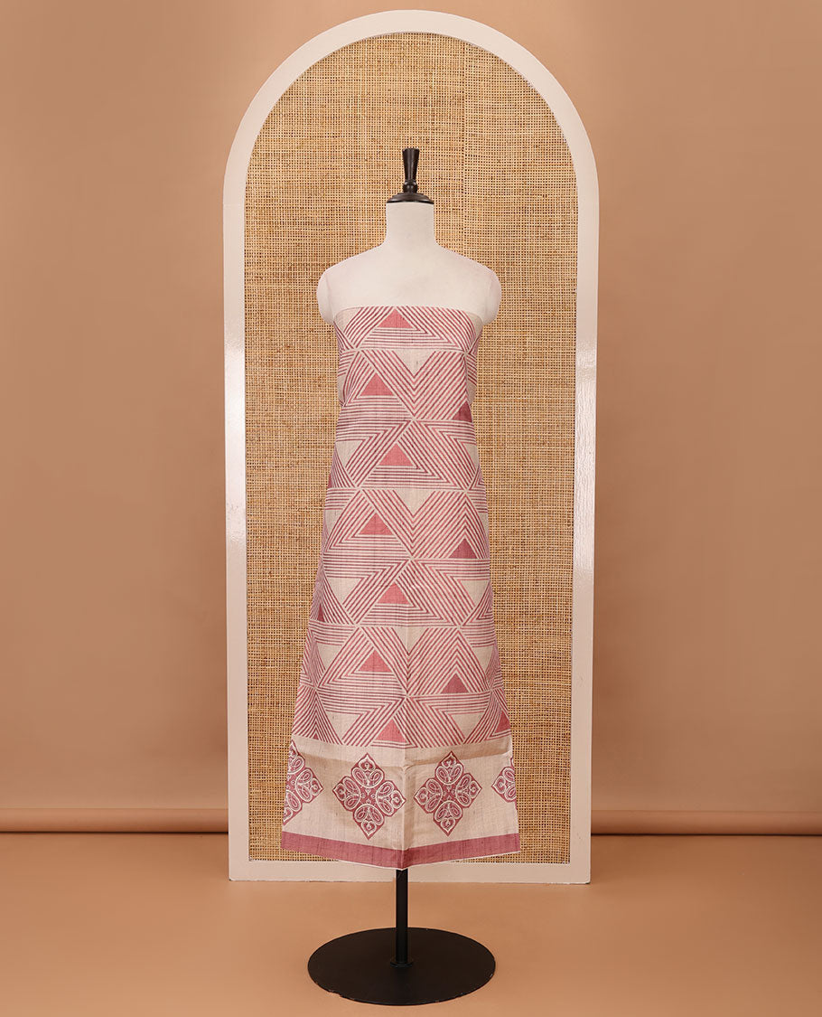 Onion pink semi-tussar material chudidar set, triangle printed top, heathered bottom & dupatta of triangle & four-petal floral print