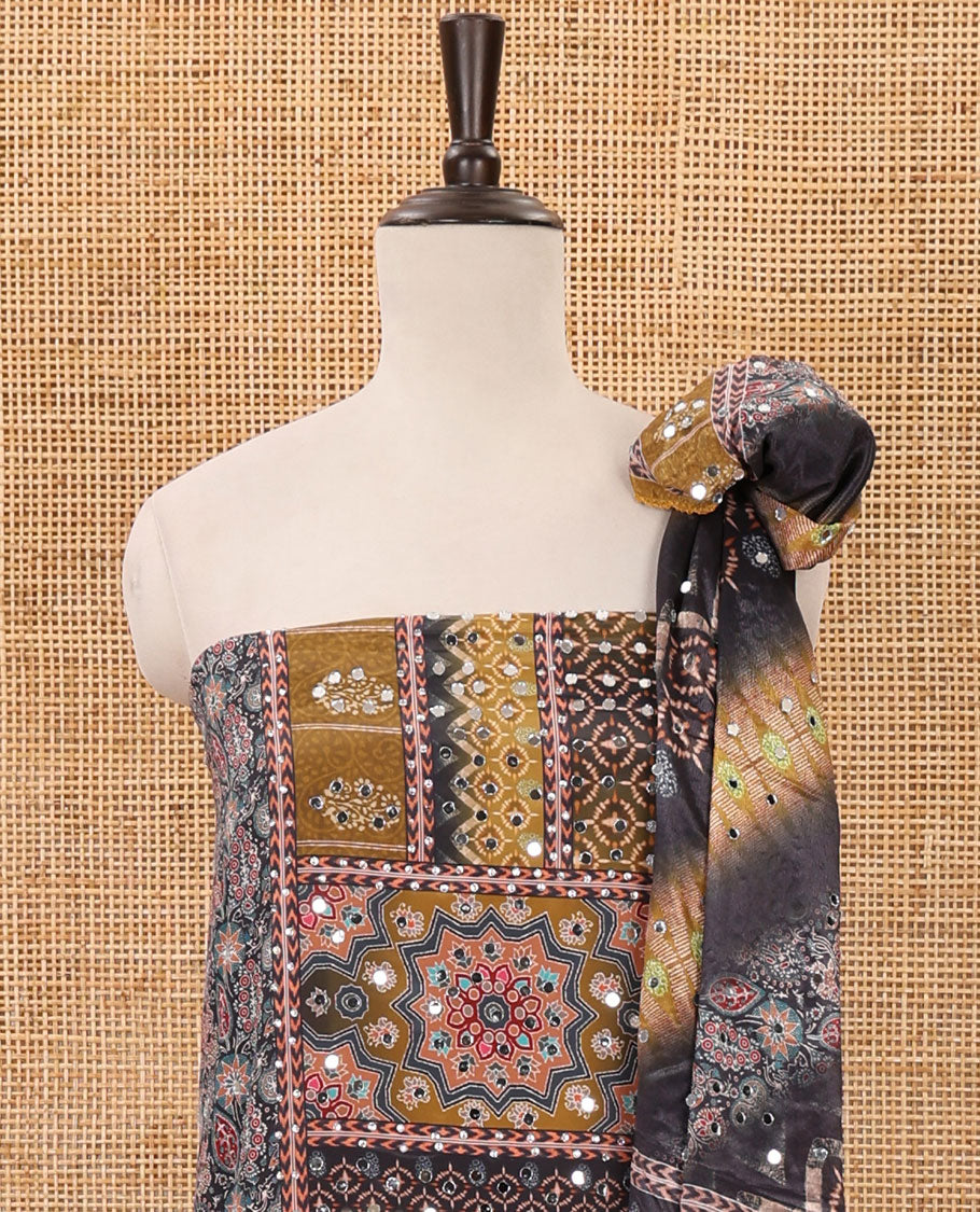 Black & mustard material chudidar set, Arjrakh print & mirror work Masakali crepe top,santoon bottom & Arjrakh print & mirrorwork chinon dupatta