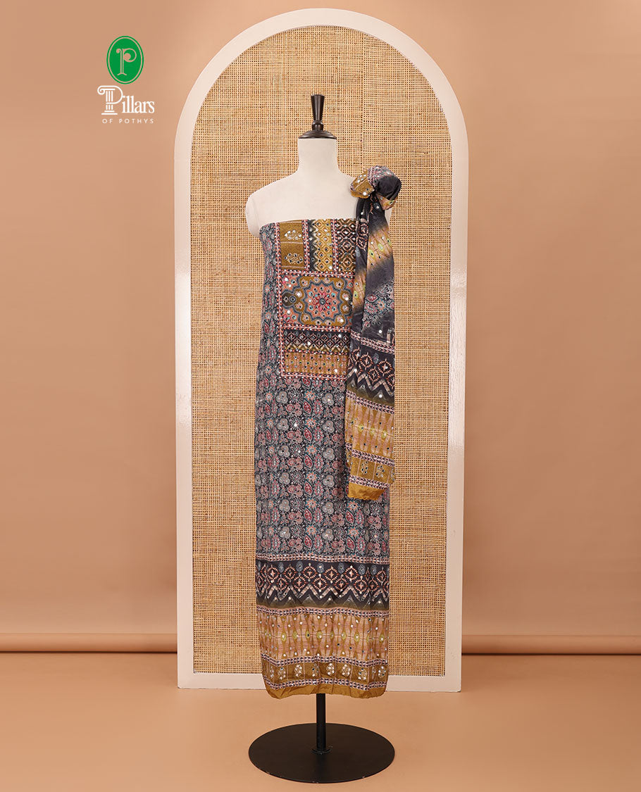 Black material chudidar set, floral vine print with neck embroidery top, chevron printed bottom, and chevron printed dupatta main image 1