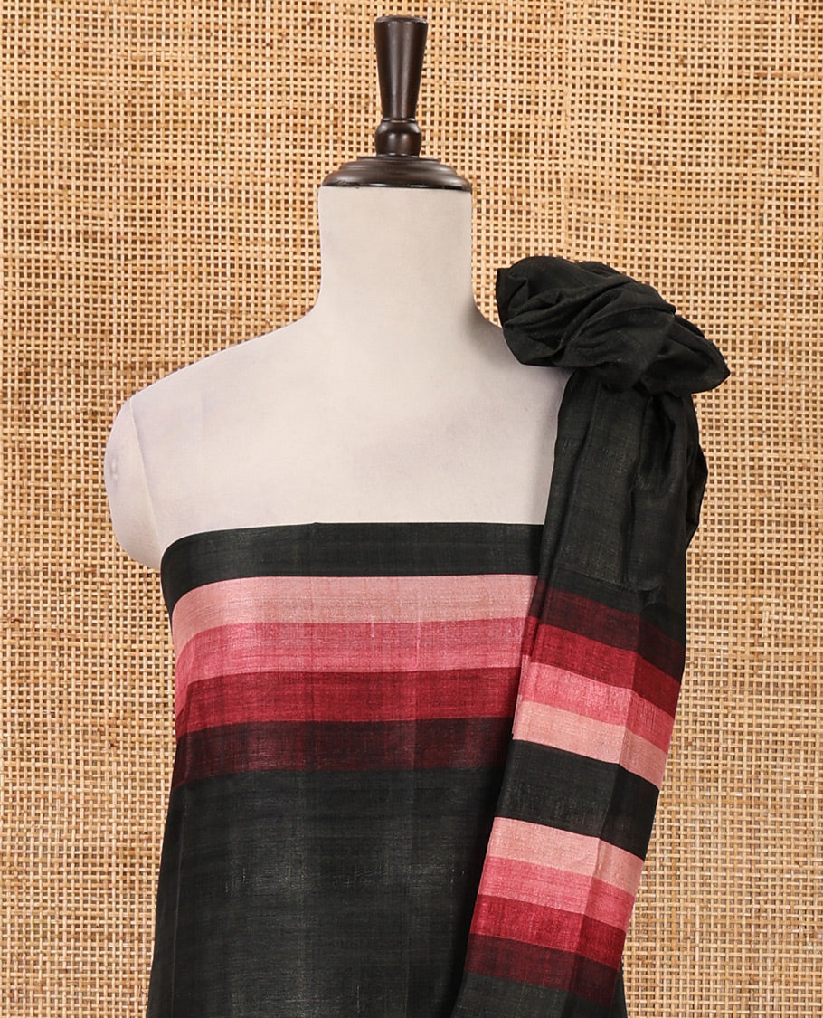Black material chudidar set, horizontal rosepink-ombre striped semi-tussar top, plain santoon bottom & horizontal rosepink-ombre striped dupatta with tassels